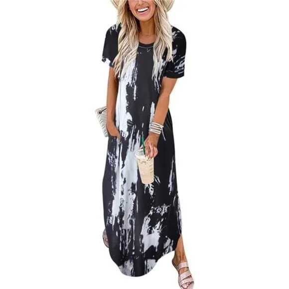chinese dress ladies YeGine Oversize Tshirt Dress Plus Size Short Sleeve Maxi Dress with Pockets  Dark Blue XL at Amazon Women's Clothing store